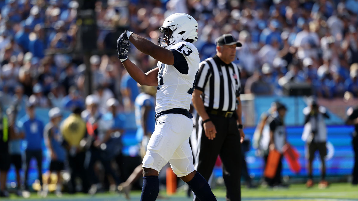 Penn State Nittany Lions running back Kaytron Allen (13) celebrates after scoring a touchdown during the fourth quarter against the UCLA Bruins at Rose Bowl.