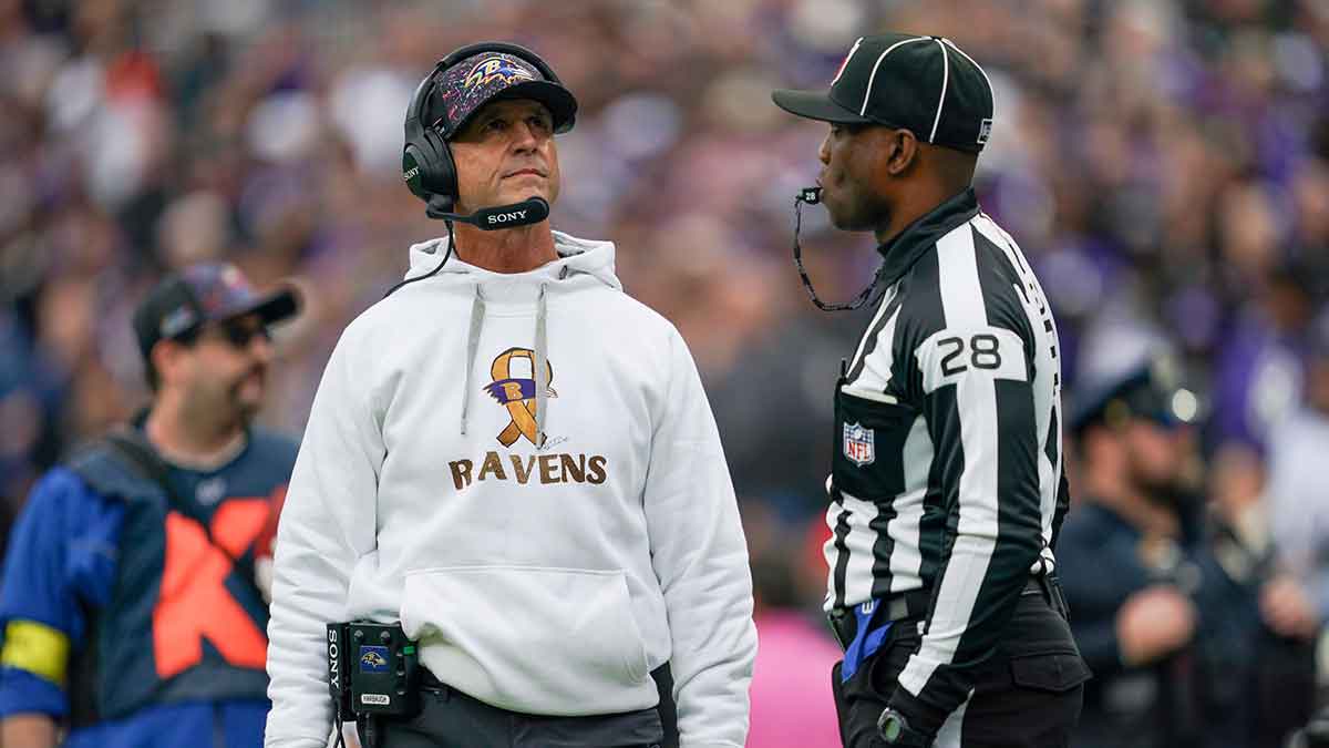 Baltimore Ravens head coach John Harbaugh looks on during the second quarter of the game against the Los Angeles Rams at M&T Bank Stadium.