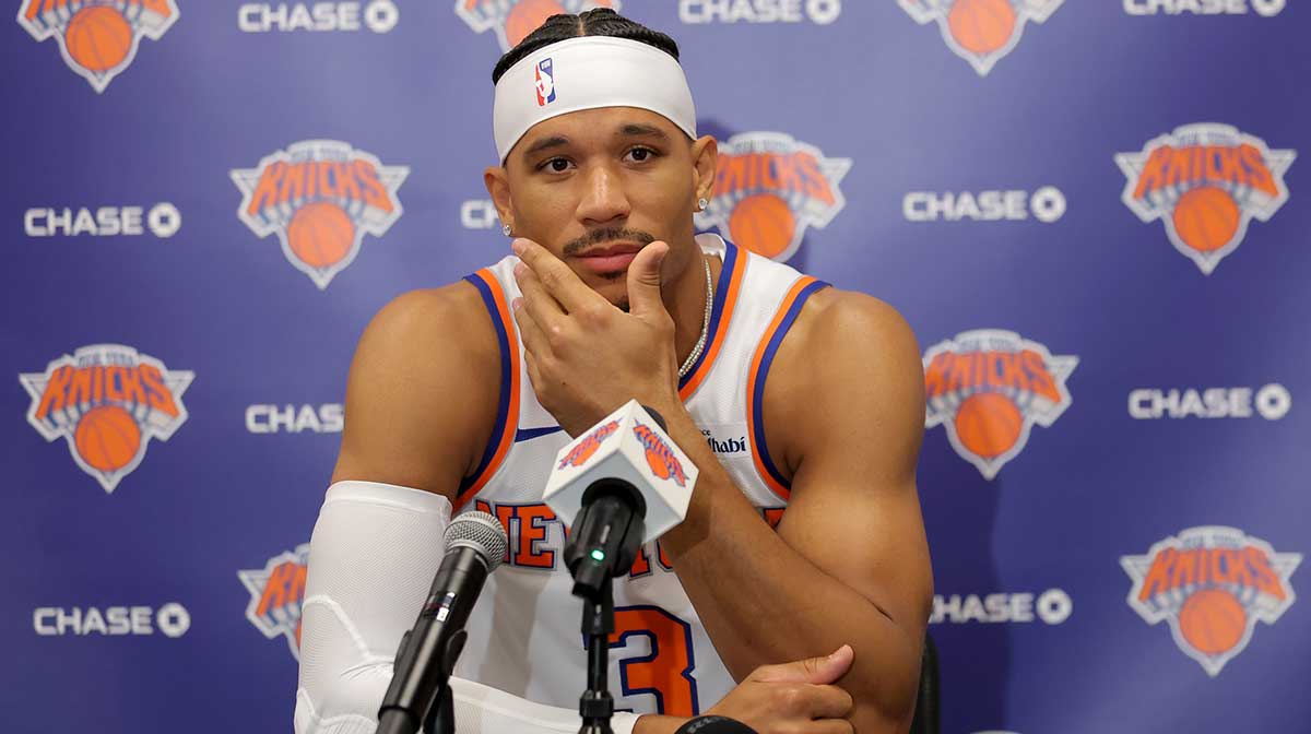 New York Knicks guard Josh Hart speaks to the media during a media day press conference at the Madison Square Garden training center.