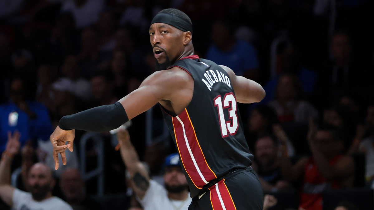 Miami Heat center Bam Adebayo (13) reacts after scoring against the New York Knicks during the second quarter at Kaseya Center.