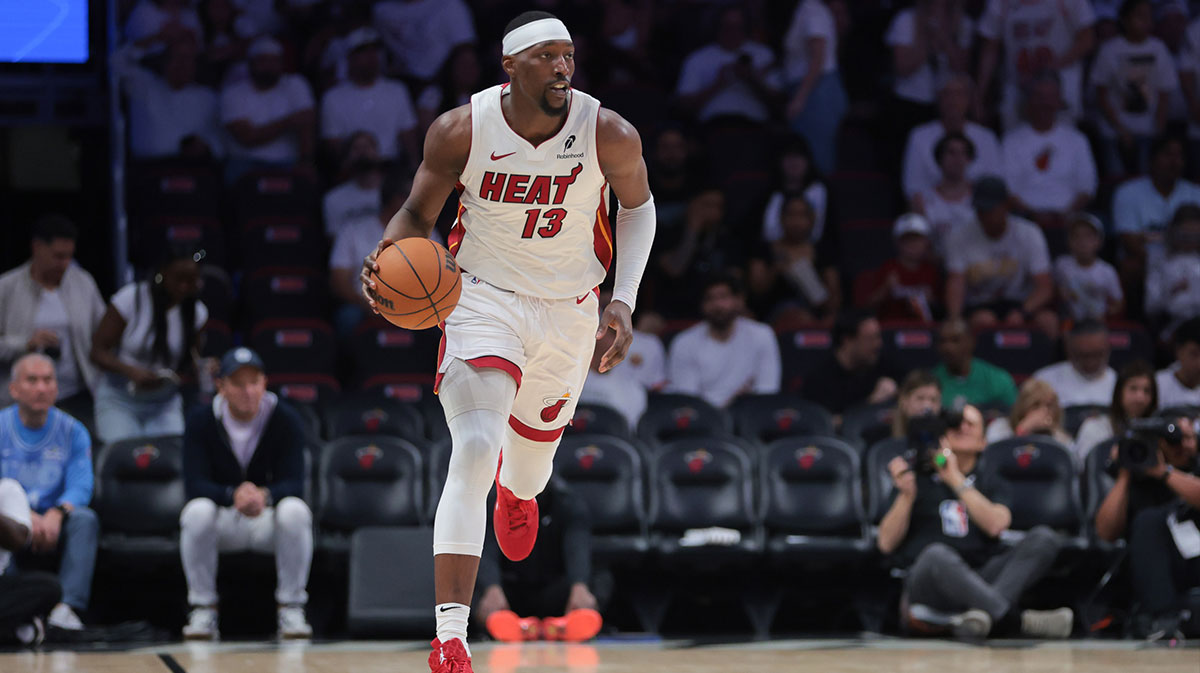 Miami Heat center Bam Adebayo (13) dribbles the basketball against the Cleveland Cavaliers in the third quarter during game three for the first round of the 2025 NBA Playoffs at Kaseya Center.