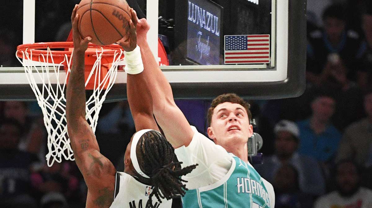 Charlotte Hornets center Ryan Kalkbrenner (11) fouls Brooklyn Nets forward Terance Mann (14) during the second half at the Spectrum Center.