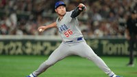 Chicago Cubs relief pitcher Nate Pearson (56) delivers a pitch in fifth inning against the Los Angeles Dodgers during the Tokyo Series at Tokyo Dome.