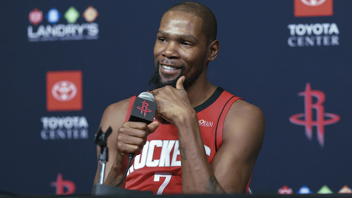 Houston Rockets forward Kevin Durant (7) talks to media during Houston Rockets media day at Toyota Center.