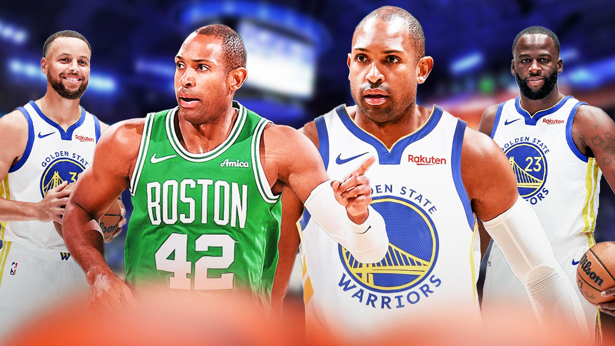 AL Horford with his jersey transitioning from Celtics one to a Warriors one in the center with Stephen Curry and Draymond Green happy