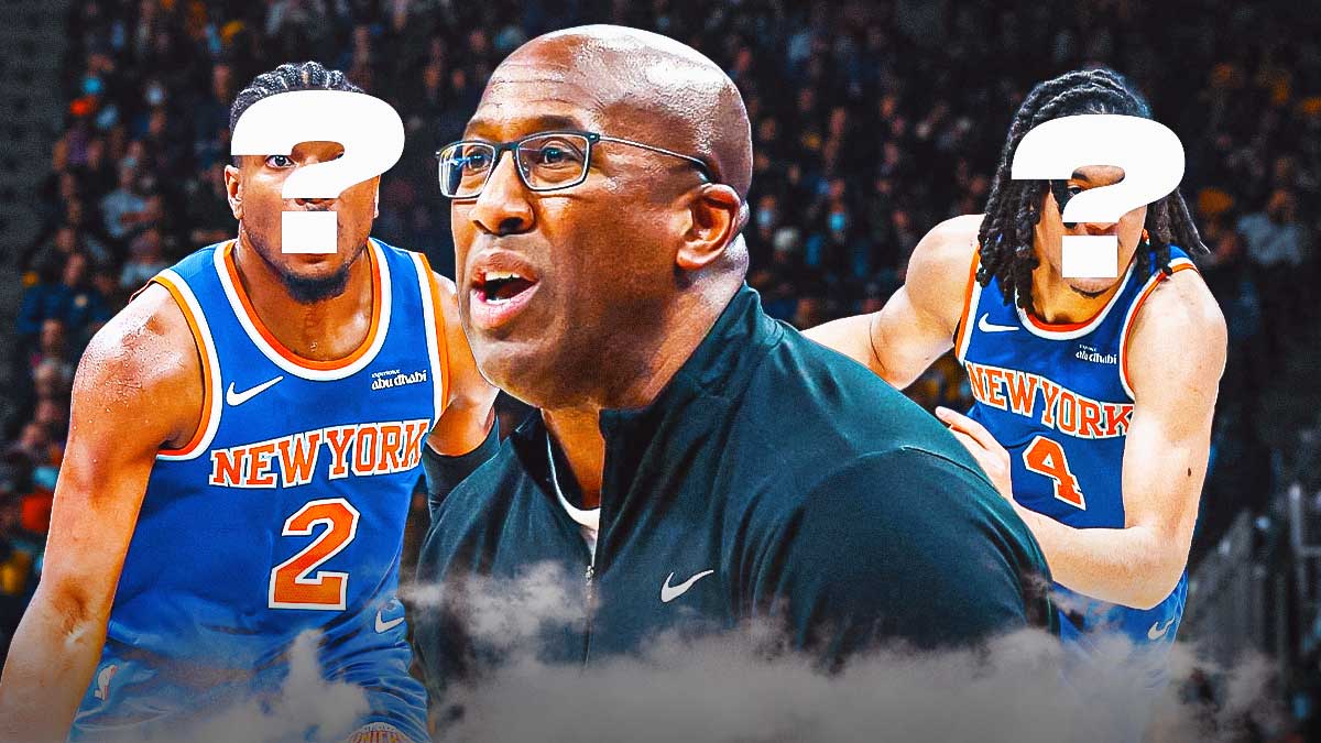 KNicks' Mike Brown appearing confused with Miles McBride and Pacome Dadiet on either side of him with question marks covering their heads