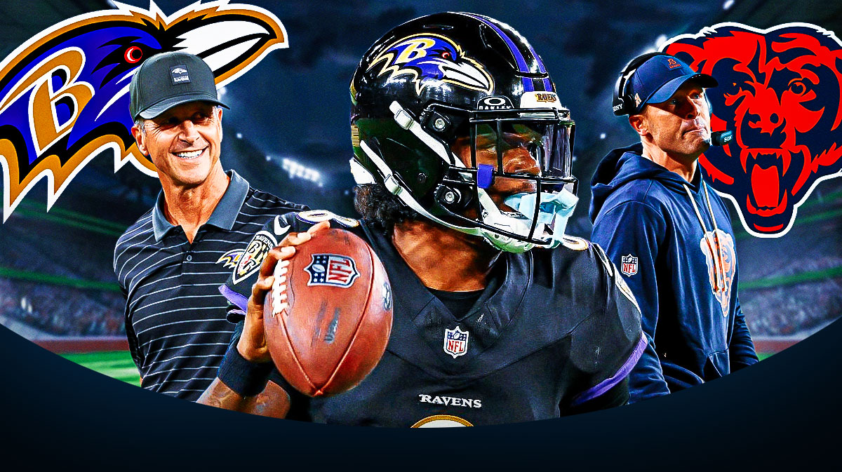 Ravens QB Lamar Jackson (center) with Ravens HC John Harbaugh (left) and Bears HC Ben Johnson (right). Baltimore Ravens and Chicago Bears logos in background