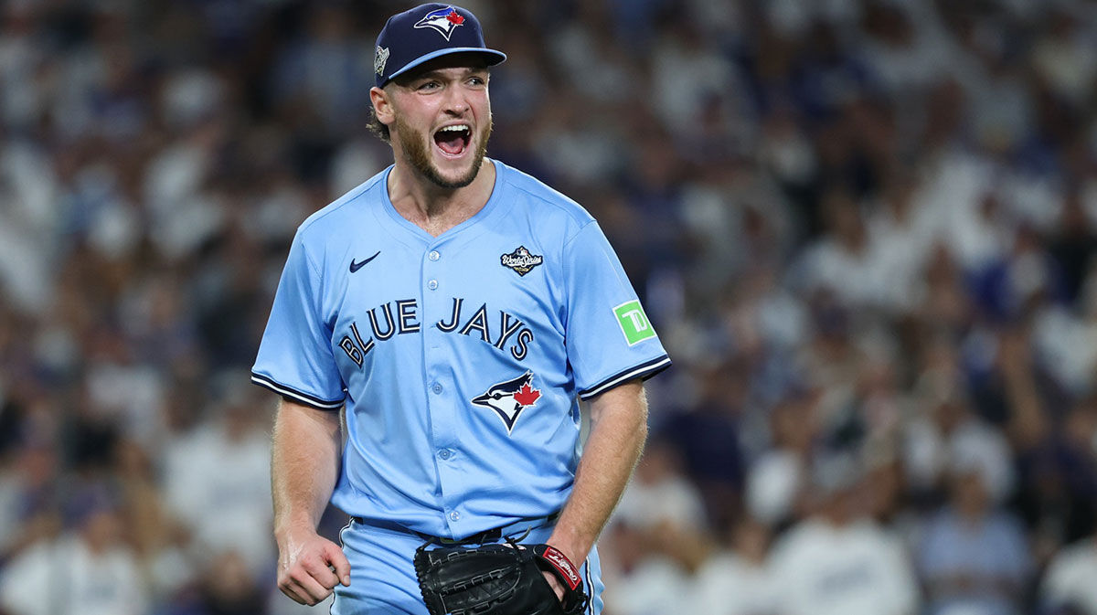 Toronto Blue Jays pitcher Trey Yesavage (39) celebrates after a double play during the seventh inning against the Los Angeles Dodgers during game five of the 2025 MLB World Series at Dodger Stadium. Mandatory Credit: Kiyoshi Mio-Imagn Images