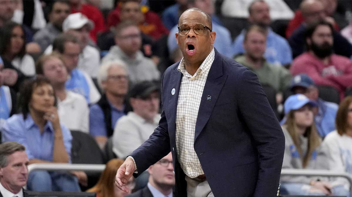 North Carolina Tar Heels head coach Hubert Davis during the first half of a first round NCAA men’s tournament game at Fiserv Forum.