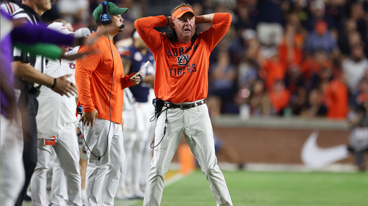 Auburn Tigers head coach Hugh Freeze reacts after a play during the fourth quarter against the Missouri Tigers at Jordan-Hare Stadium.