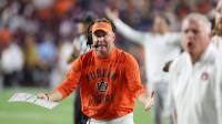 Auburn Tigers head coach Hugh Freeze reacts after a play during the fourth quarter against the Missouri Tigers at Jordan-Hare Stadium.