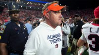Auburn Tigers head coach Hugh Freeze walks off the field after the game as Auburn Tigers take on Georgia Bulldogs at Jordan-Hare Stadium in Auburn, Ala. on Saturday, Oct. 11, 2025. Georgia Bulldogs defeated Auburn Tigers 20-10.