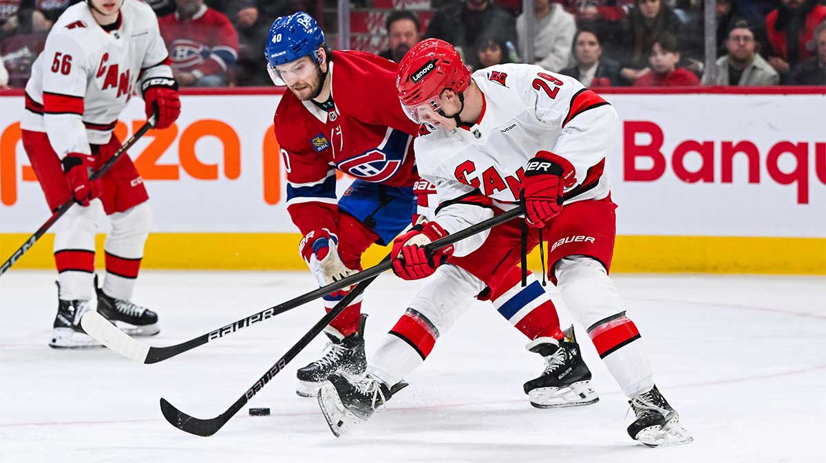 Carolina Hurricanes left wing Bradly Nadeau (29) plays the puck against Montreal Canadiens right wing Joel Armia (40) in the third period at Bell Centre.