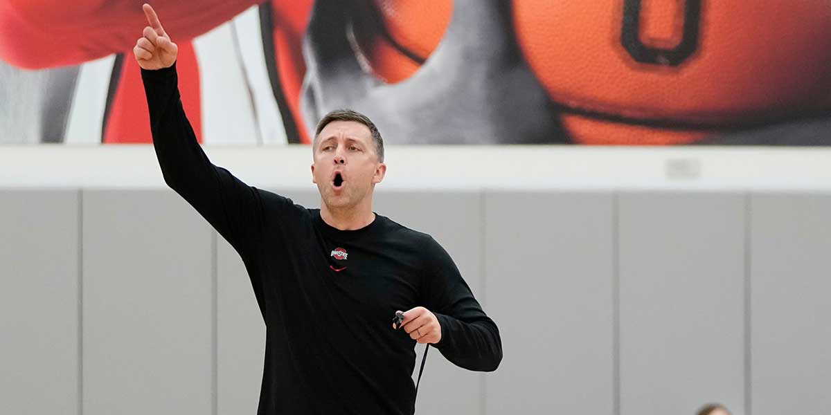 Ohio State Buckeyes head coach Jake Diebler leads an offseason practice at the Schottenstein Center on June 18, 2025.