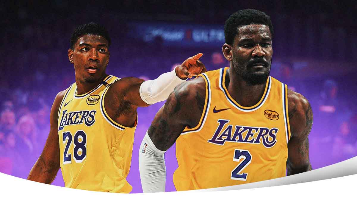 LA Lakers players Rui Hachimura and Deandre Ayton with the LA Lakers arena in the background, offense