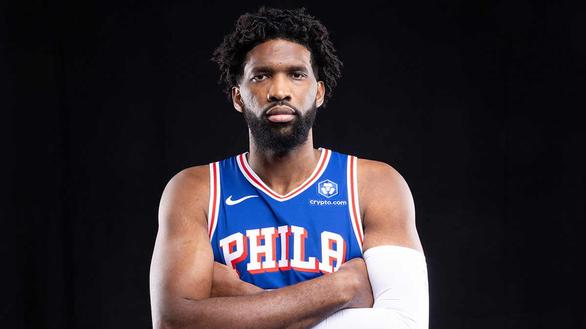 Philadelphia 76ers Joel Embiid poses for a photo during media day.