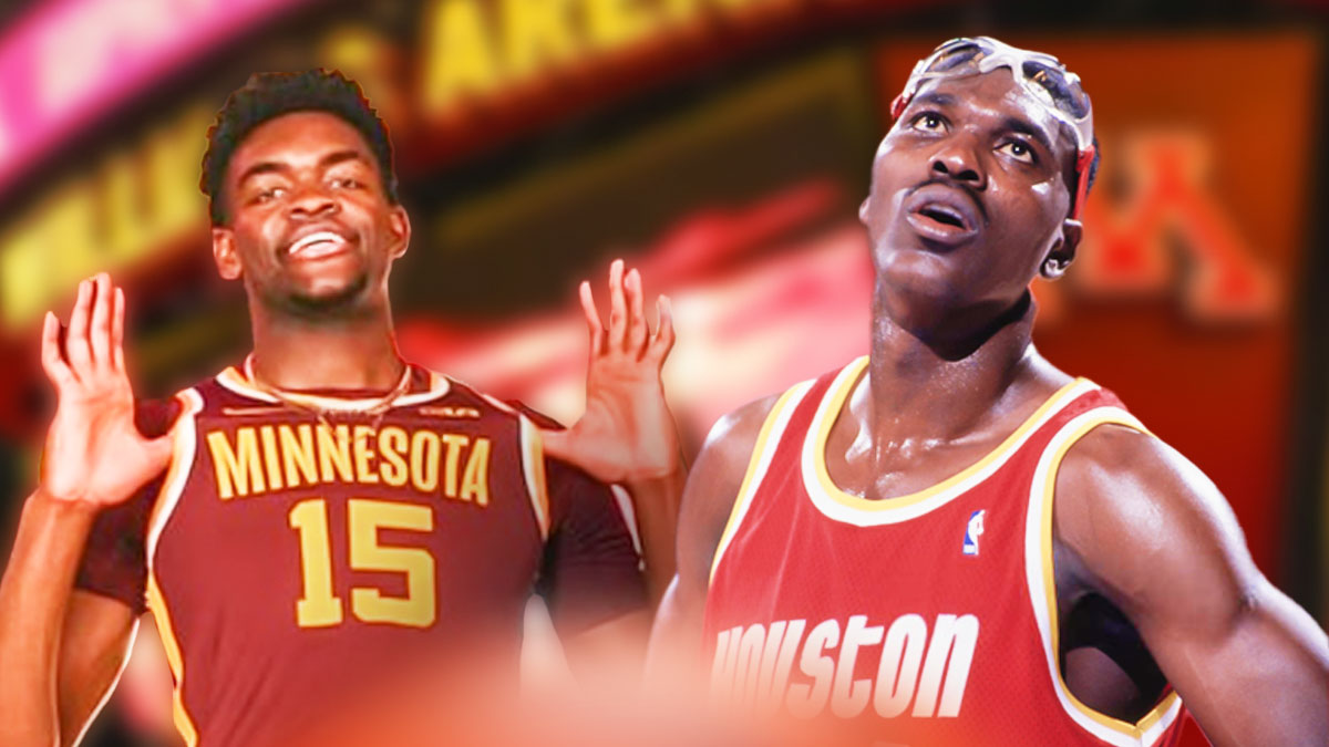 High school basketball player Chadrack Mpoyi in a Minnesota Gophers basketball jersey. Have Hakeem Olajuwon in his Houston Rockets jersey next to him, recruit