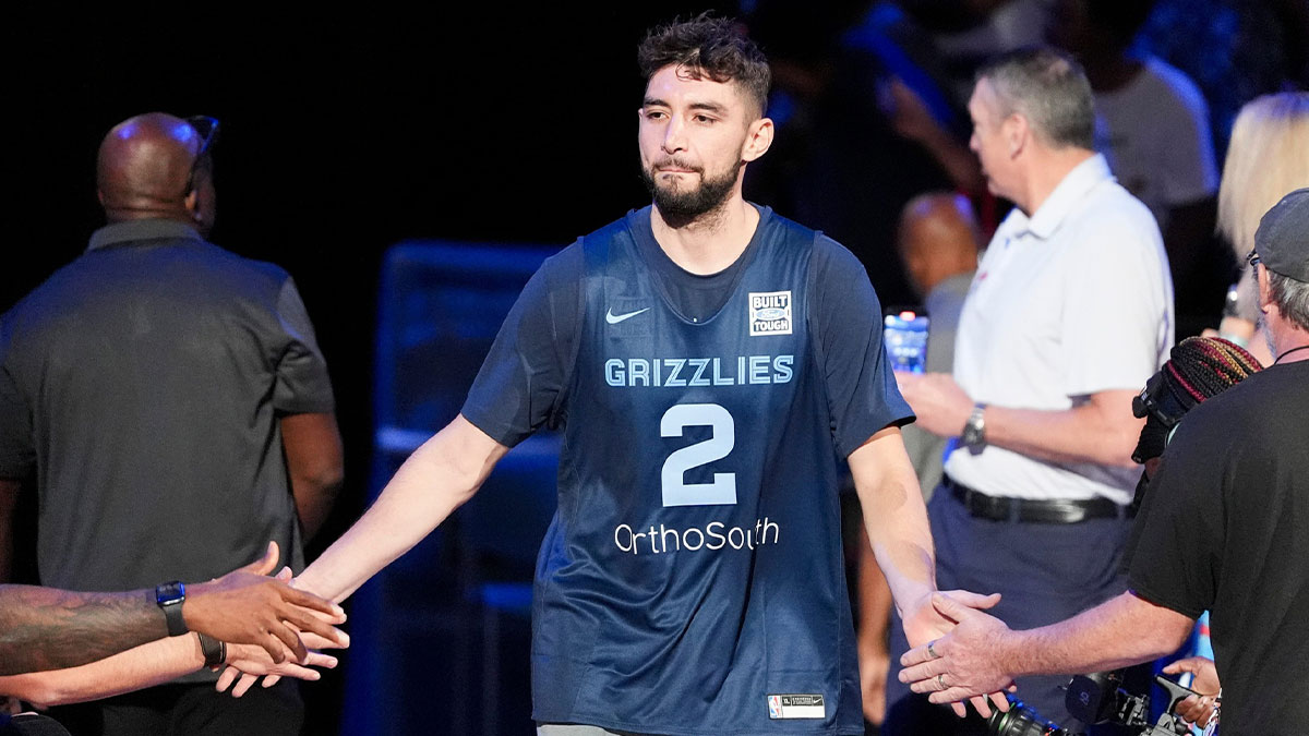 Grizzlies' Ty Jerome (2) walks onto the court for open practice at the FedExForum on October 4, 2025, in Memphis, Tenn.