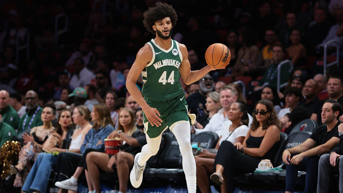 Milwaukee Bucks guard Andre Jackson Jr. (44) dribbles the basketball against the Miami Heat during the third quarter at Kaseya Center.