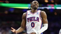 Philadelphia 76ers guard Tyrese Maxey (0) reacts to his three pointer against the Minnesota Timberwolves during the third quarter at Xfinity Mobile Arena.