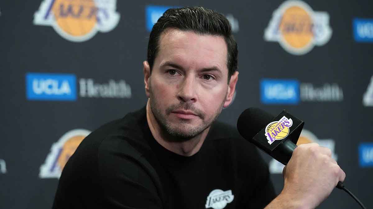 Los Angeles Lakers head coach JJ Redick at a press conference at Crypto.com Arena.
