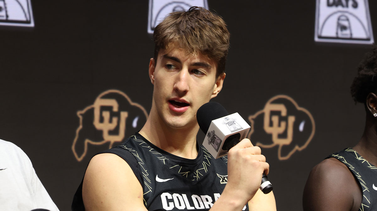 Colorados Sebastian Rancik speaks to media during Big 12 Menís Basketball media day at T-Mobile Center.
