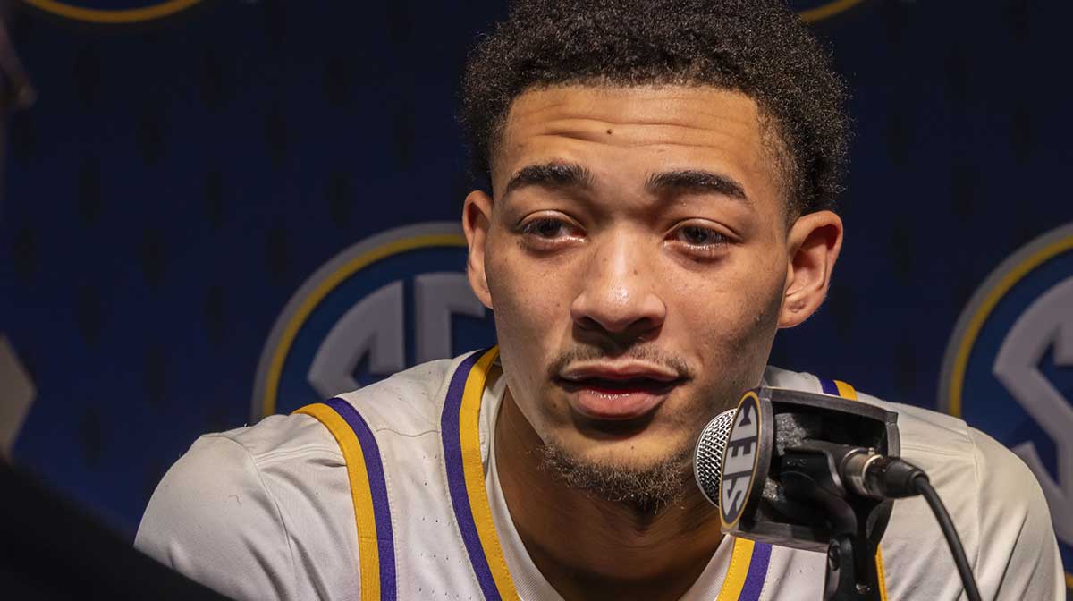LSU Tigers forward Jalen Reed talks with the media during SEC Media Days at Grand Bohemian Hotel.