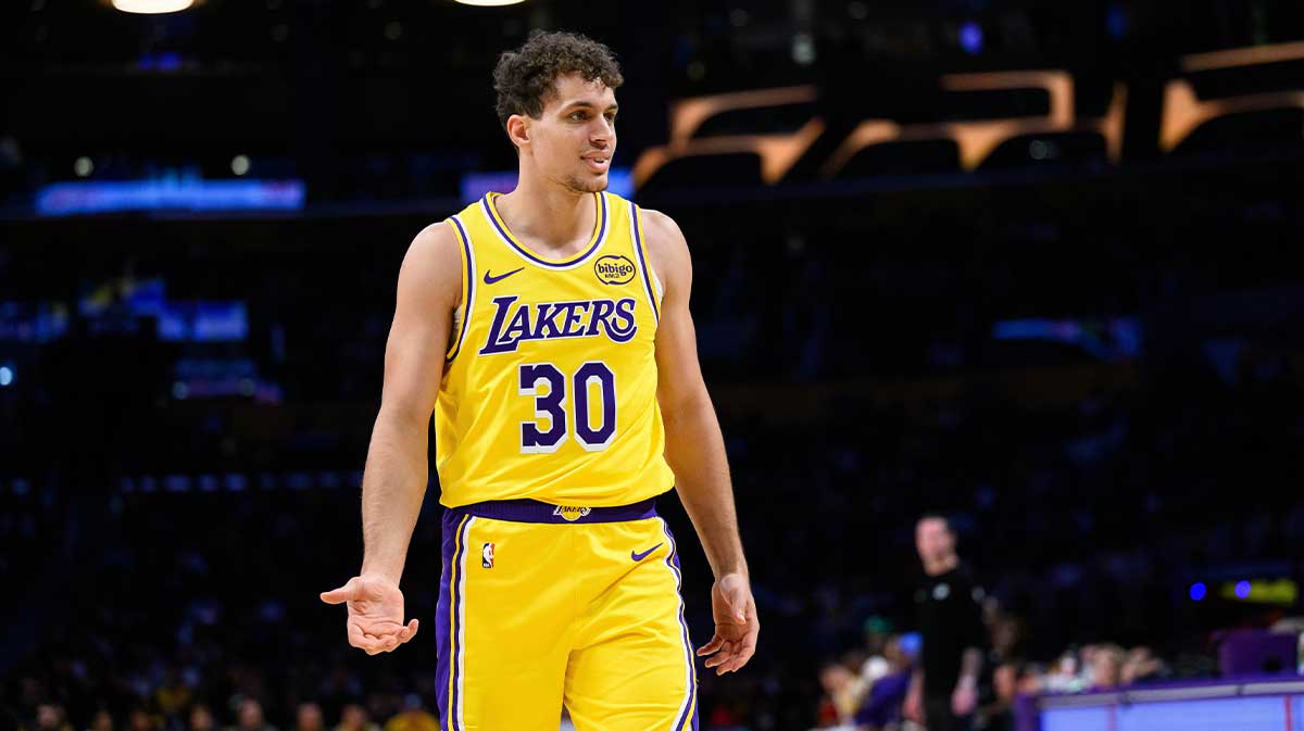 Los Angeles Lakers guard Chris Manon (30) reacts during the first half against the Portland Trail Blazers at Crypto.com Arena.