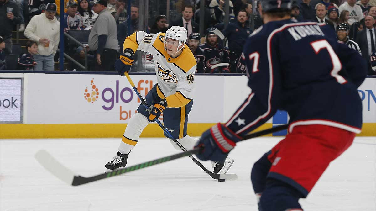 Nashville Predators center Fedor Svechkov (40) wrists a shot on goal against the Nashville Predators during the first period at Nationwide Arena.