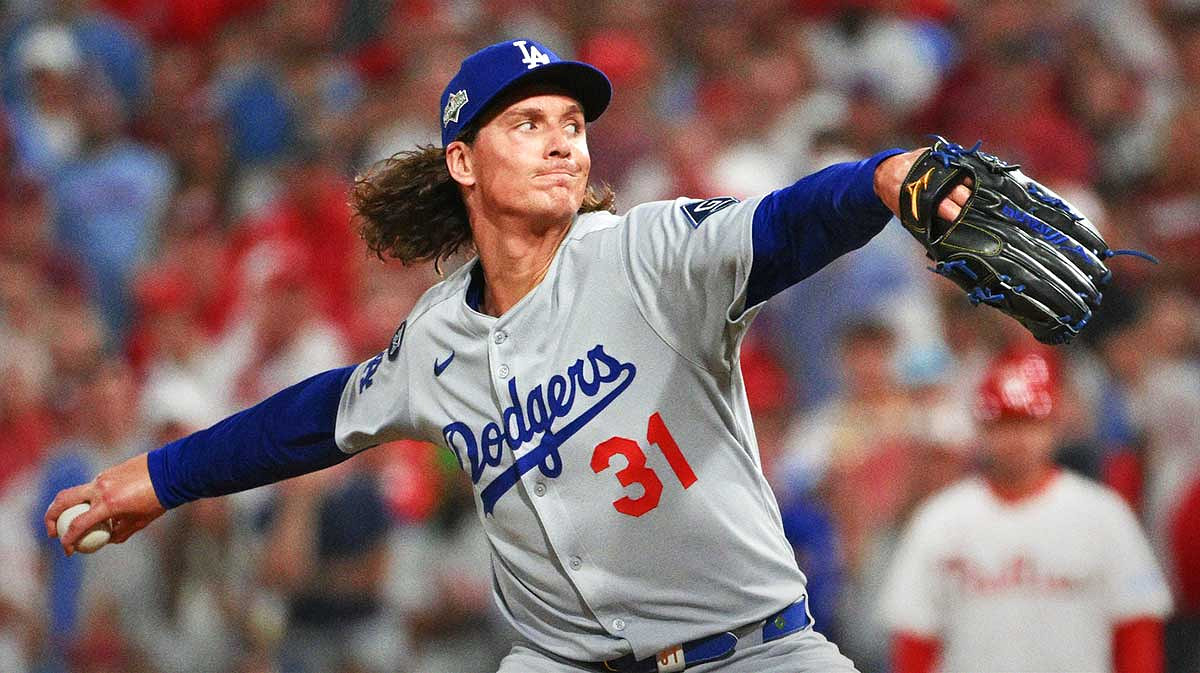 Los Angeles Dodgers pitcher Tyler Glasnow (31) pitches against the Philadelphia Phillies in the seventh inning during game one of the NLDS round for the 2025 MLB playoffs