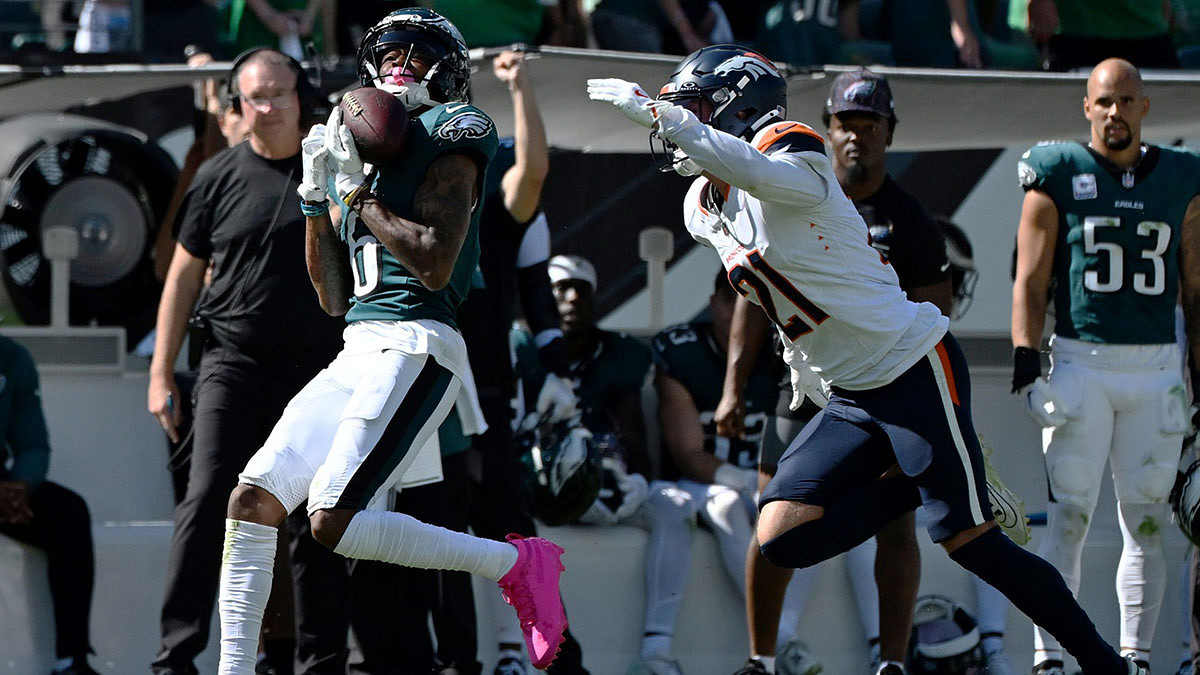 Philadelphia Eagles wide receiver Devonta Smith (6) makes a catch against Denver Broncos cornerback Riley Moss