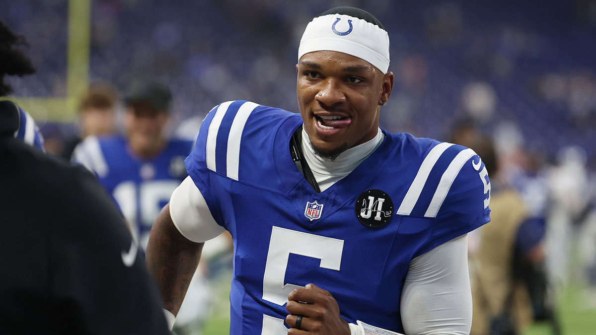 Indianapolis, Indiana, USA; Indianapolis Colts quarterback Anthony Richardson (5) walks off the field after their win against the Las Vegas Raiders at Lucas Oil Stadium.