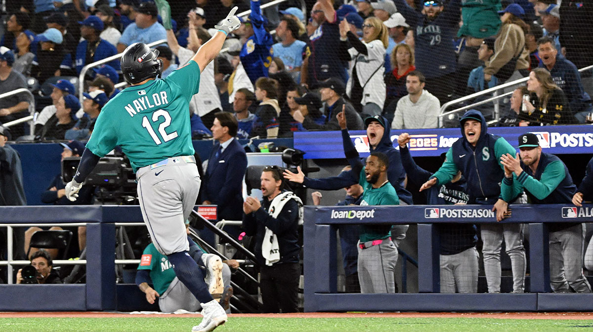 Seattle Mariners first baseman Josh Naylor (12) runs after hitting a two run home run against the Toronto Blue Jays in the seventh inning during game two of the ALCS round for the 2025 MLB playoffs at Rogers Centre