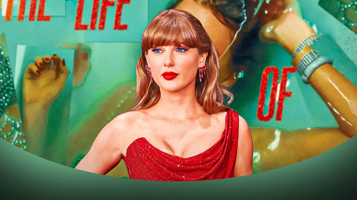 Taylor Swift in from of the album cover of The Life of a Showgirl.
