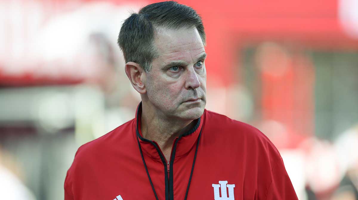 Sep 12, 2025; Bloomington, Indiana, USA; Indiana Hoosiers head coach Curt Cignetti watches his team warm up prior to the game against the Indiana State Sycamores at Memorial Stadium.