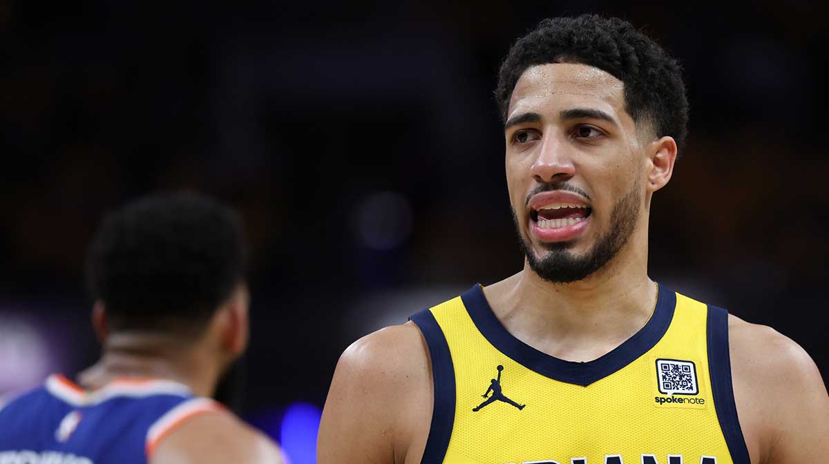 Indiana Pacers guard Tyrese Haliburton (0) looks on in the third quarter during game six of the eastern conference finals against the New York Knicks for the 2025 NBA Playoffs at Gainbridge Fieldhouse.