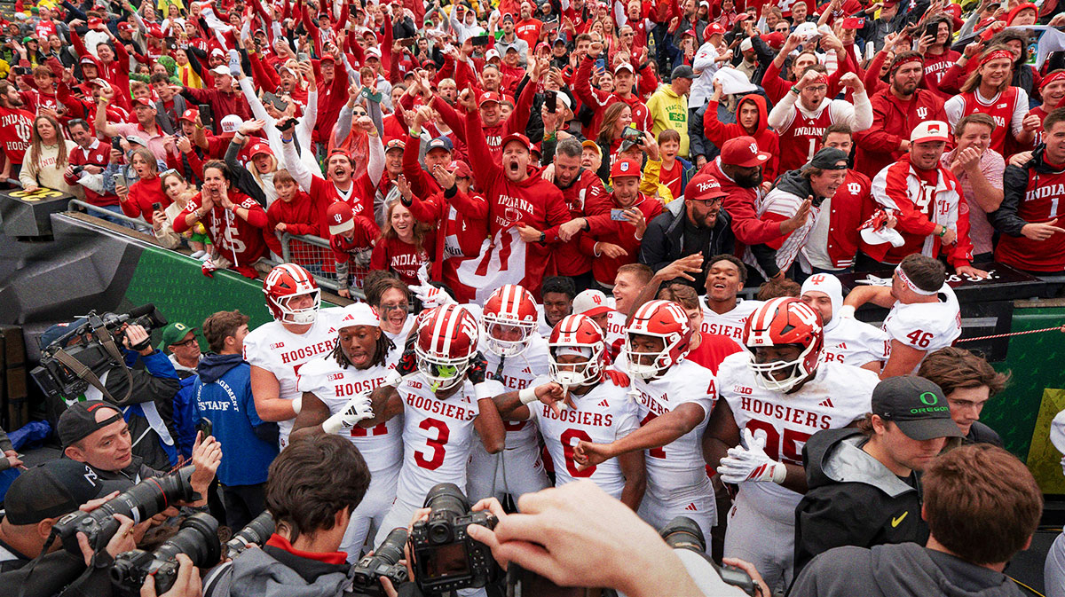 Indiana players cheer after defeating the Oregon Ducks Oct. 11, 2025, at Autzen Stadium in Eugene, Oregon.