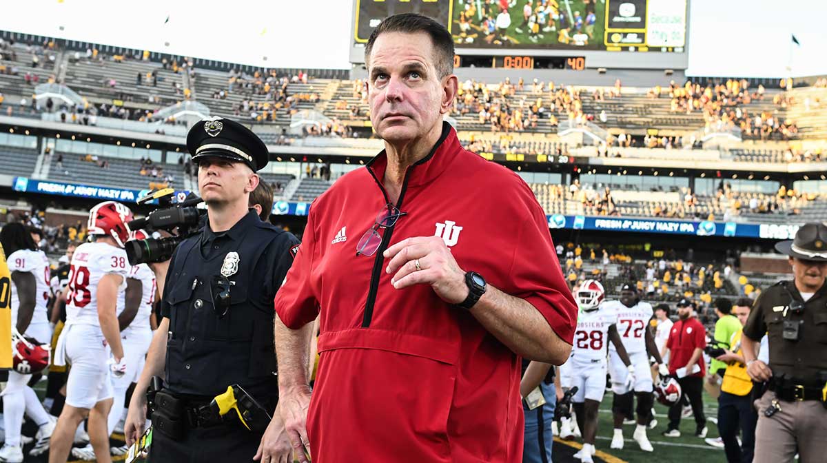 Indiana Hoosiers head coach Curt Cignetti walks off the field after the victory over the Iowa Hawkeyes at Kinnick Stadium.
