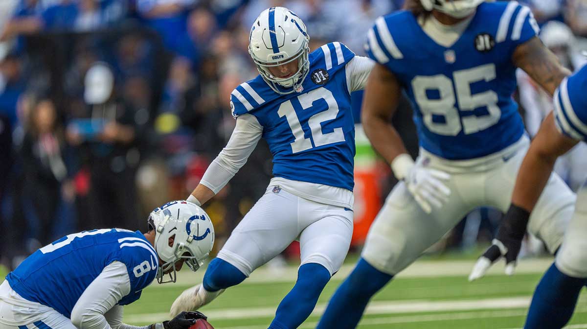 Indianapolis Colts kicker Mike Badgley (12) kicks an extra point Sunday, Oct. 12, 2025, against the Arizona Cardinals at Lucas Oil Stadium in Indianapolis.