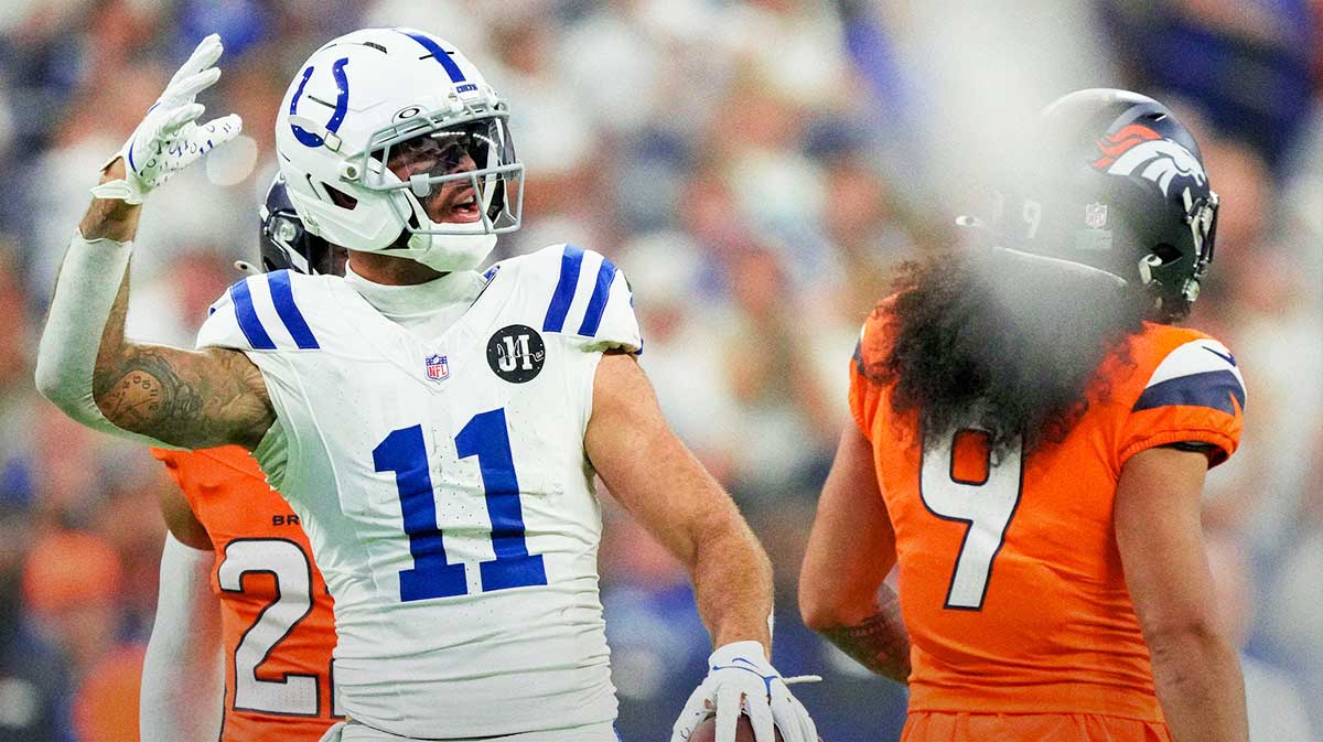 Indianapolis Colts wide receiver Michael Pittman Jr. (11) reacts to a play Sunday, Sept. 14, 2025, during a game against the Denver Broncos at Lucas Oil Stadium in Indianapolis.