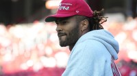 Oct 19, 2025; Santa Clara, California, USA; San Francisco 49ers middle linebacker Fred Warner (54) stands on the sideline during warmups prior to the game against the Atlanta Falcons at Levi's Stadium. Mandatory Credit: