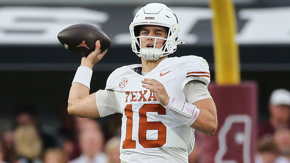Texas Longhorns quarterback Arch Manning (16) throws a pass during the second quarter against the Mississippi State Bulldogs at Davis Wade Stadium at Scott Field.