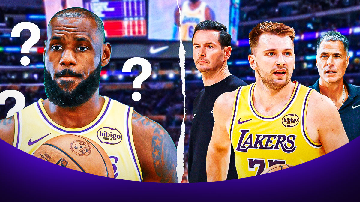 Lakers' LeBron James with question marks divided by JJ Redick, Luka Doncic, and Rob Pelinka