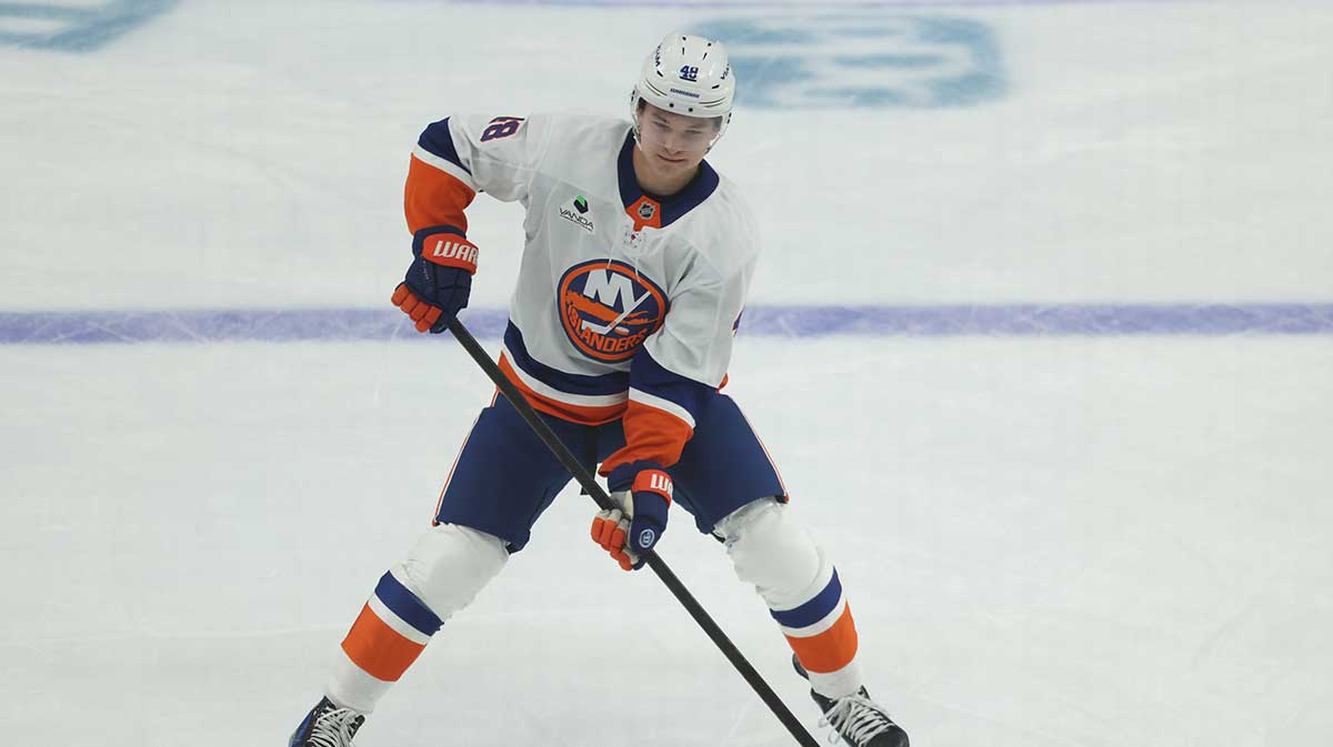 New York Islanders defenseman Matthew Schaefer (48) warms up before making his NHL debut against the Pittsburgh Penguins at PPG Paints Arena.