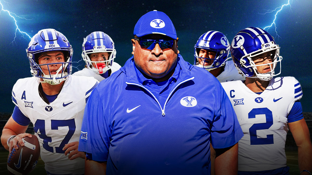 Coach Kalani Sitake in the middle, Bear Bachmeier, Parker Kingston, Chase Roberts, Bodie Schoonover all around him, Lightning bolts in the background