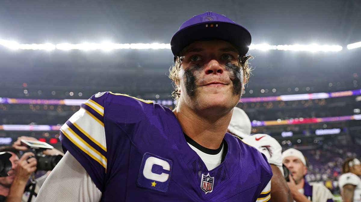 Minnesota Vikings quarterback J.J. McCarthy (9) reacts after the game against the Atlanta Falcons at U.S. Bank Stadium.