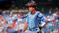 Philadelphia Phillies catcher J.T. Realmuto (10) looks on during the first inning against the Miami Marlins at Citizens Bank Park.
