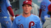 Philadelphia Phillies catcher J.T. Realmuto (10) in the dugout during game three of the NLDS of the 2025 MLB playoffs against the Los Angeles Dodgers at Dodger Stadium.