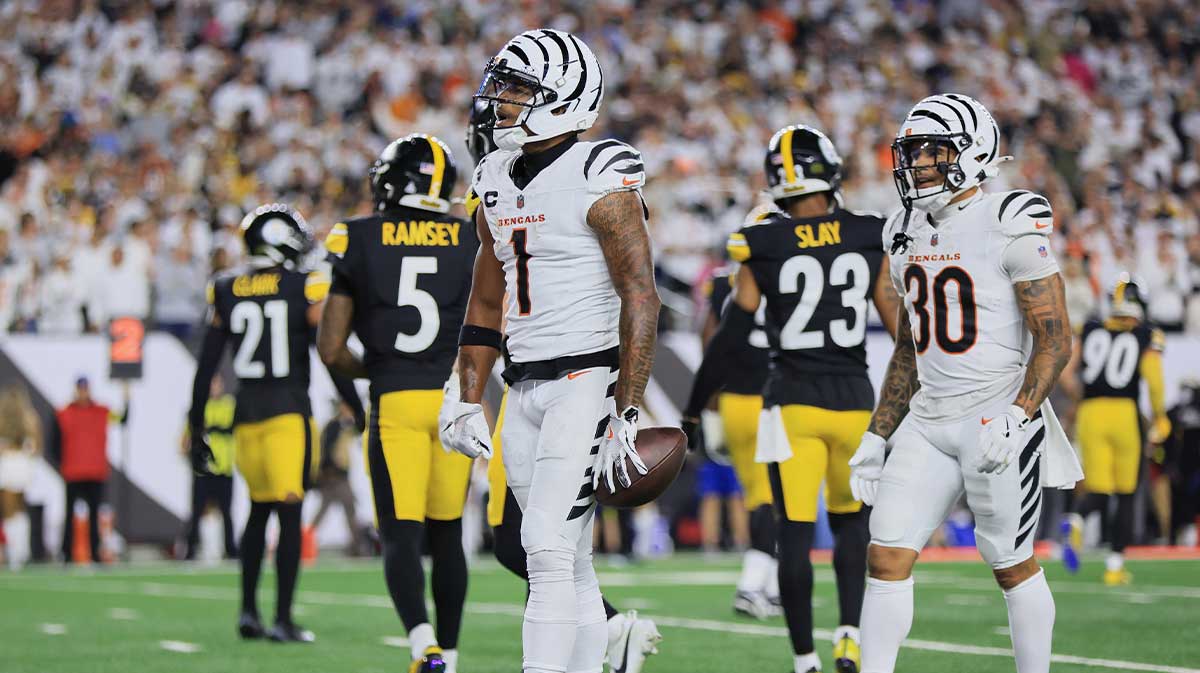 Cincinnati Bengals wide receiver Ja'Marr Chase (1) acknowledges the crowd with running back Chase Brown (30) after scoring a touchdown against the Pittsburgh Steelers during the second quarter at Paycor Stadium.