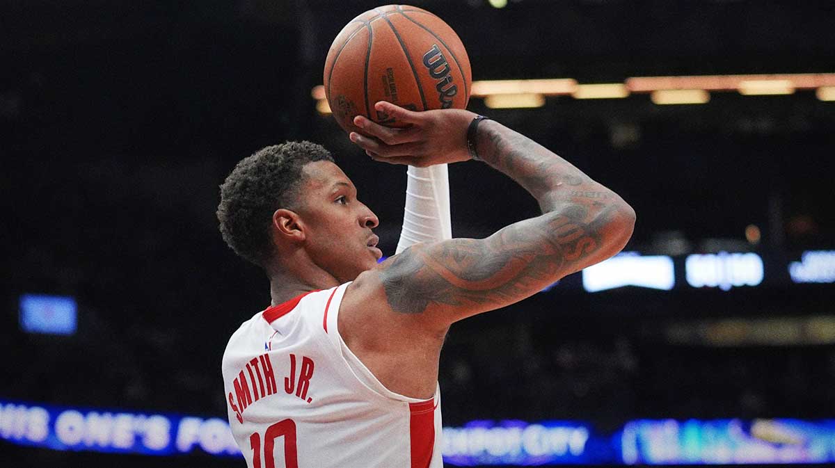 Houston Rockets forward Jabari Smith (10) goes to shoot a three point basket against the Toronto Raptors during the second half at Scotiabank Arena.